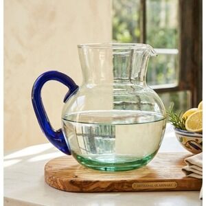 Artisanal Hand Blown Glass Pitcher Clear Green Base Cobalt Blue Handle
